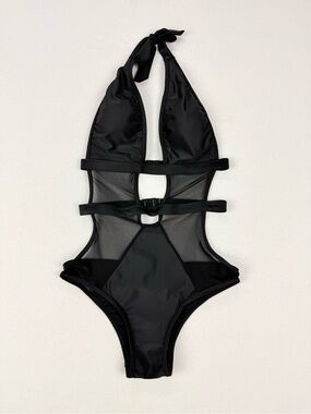 Black Mesh Cutout Strappy Halter Swimsuit One Piece Sexy Resort Swimwear